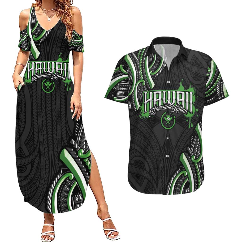 Traditional Art Hawaiian Kakau Tattoos Couples Matching Summer Maxi Dress and Hawaiian Shirt Green Color - Polynesian Pride