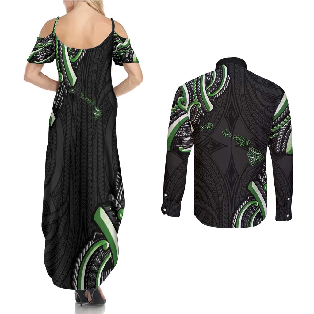Traditional Art Hawaiian Kakau Tattoos Couples Matching Summer Maxi Dress and Long Sleeve Button Shirt Green Color - Polynesian Pride