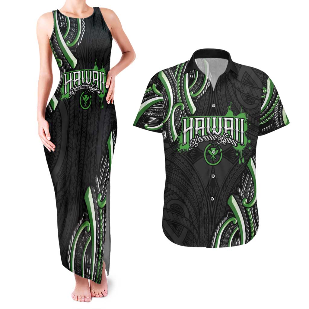 Traditional Art Hawaiian Kakau Tattoos Couples Matching Tank Maxi Dress and Hawaiian Shirt Green Color - Polynesian Pride