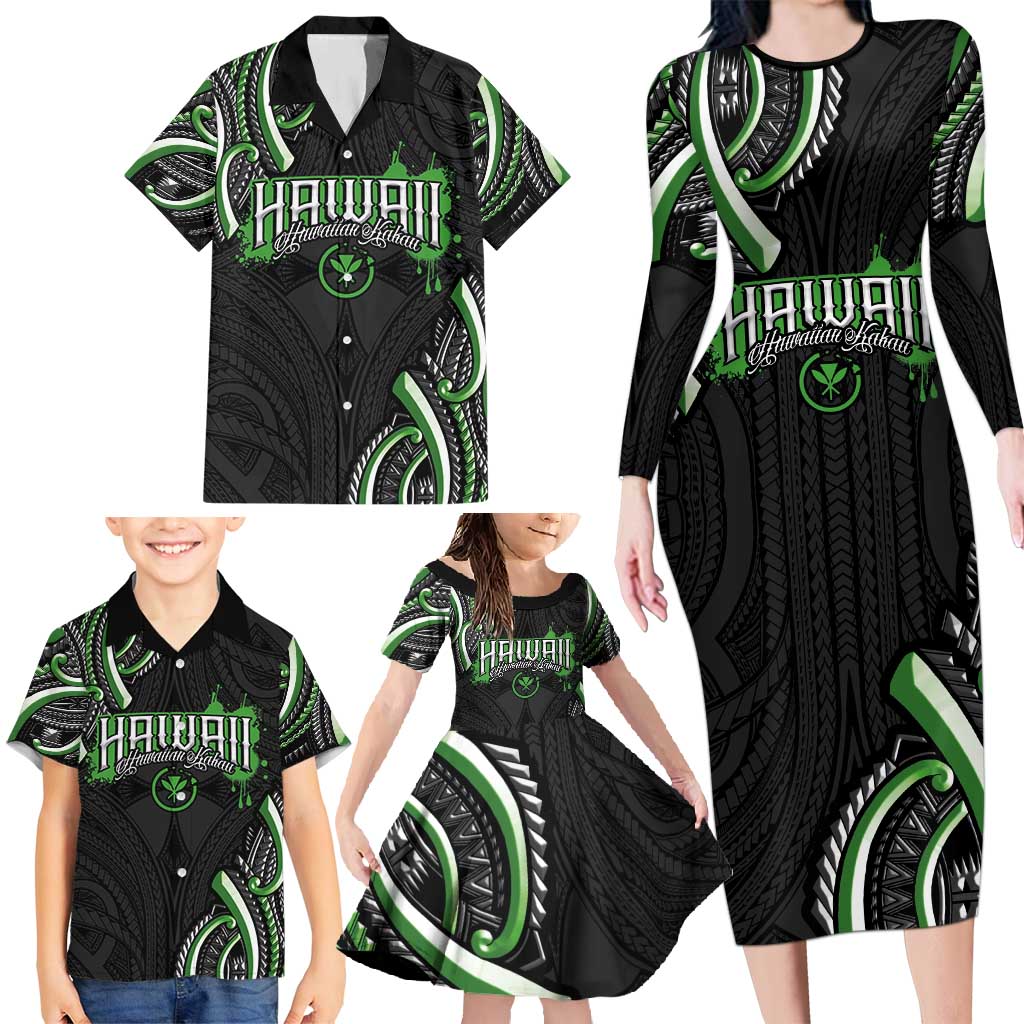 Traditional Art Hawaiian Kakau Tattoos Family Matching Long Sleeve Bodycon Dress and Hawaiian Shirt Green Color - Polynesian Pride