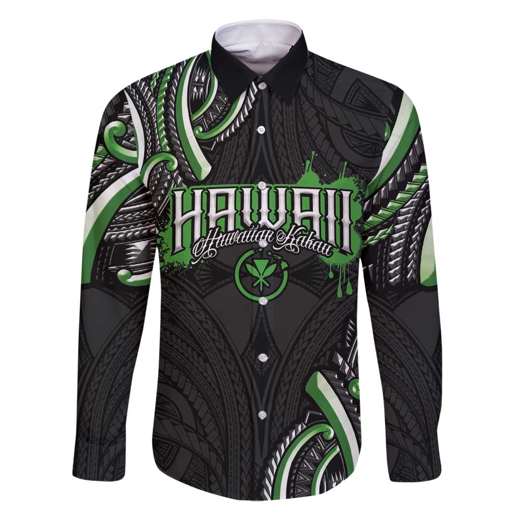 Traditional Art Hawaiian Kakau Tattoos Family Matching Mermaid Dress and Hawaiian Shirt Green Color LT03 Dad's Shirt - Long Sleeve Green - Polynesian Pride