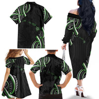 Traditional Art Hawaiian Kakau Tattoos Family Matching Off The Shoulder Long Sleeve Dress and Hawaiian Shirt Green Color - Polynesian Pride