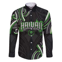 Traditional Art Hawaiian Kakau Tattoos Family Matching Off The Shoulder Long Sleeve Dress and Hawaiian Shirt Green Color - Polynesian Pride