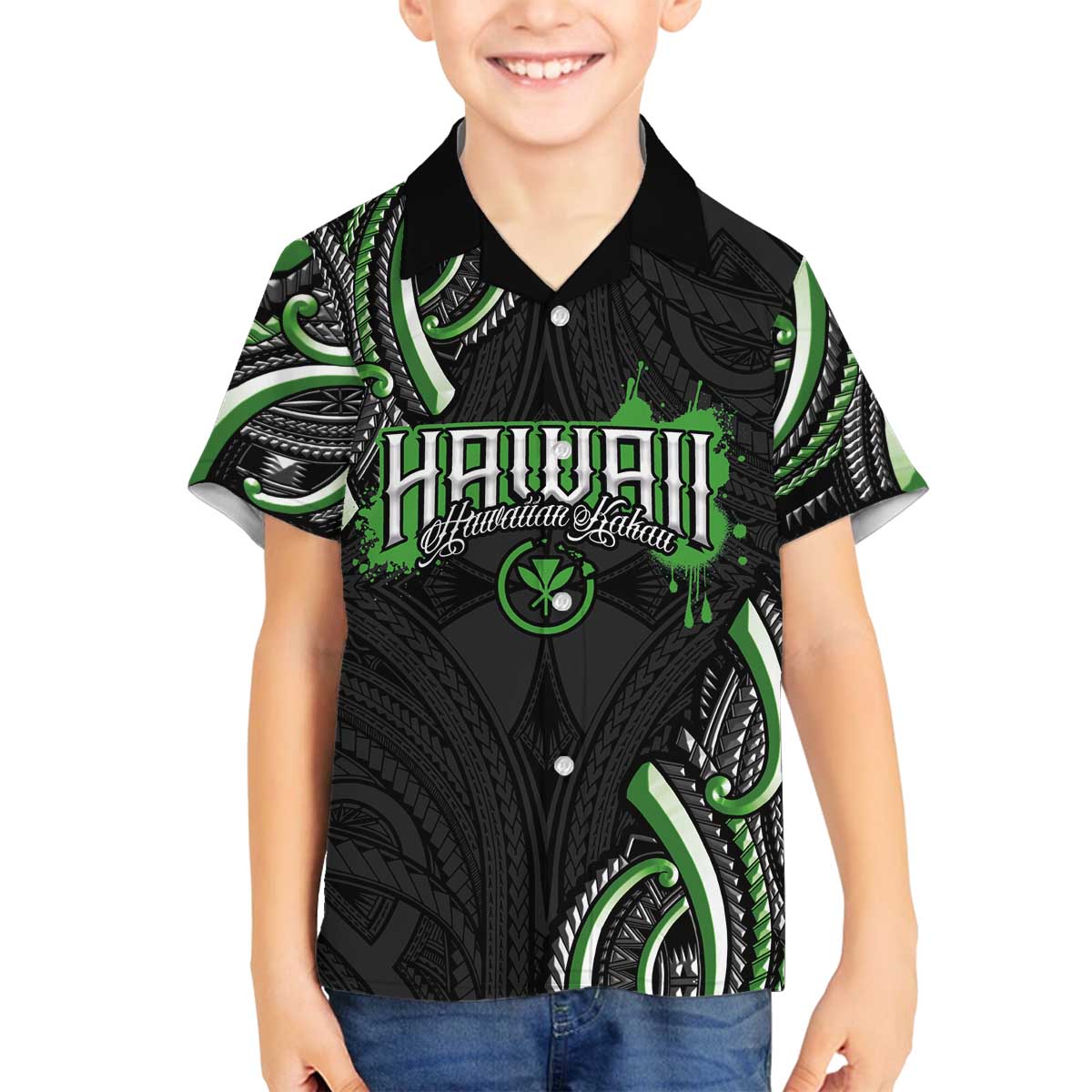 Traditional Art Hawaiian Kakau Tattoos Family Matching Off The Shoulder Long Sleeve Dress and Hawaiian Shirt Green Color - Polynesian Pride