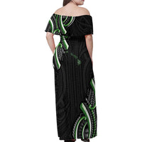 Traditional Art Hawaiian Kakau Tattoos Family Matching Off Shoulder Maxi Dress and Hawaiian Shirt Green Color LT03 - Polynesian Pride
