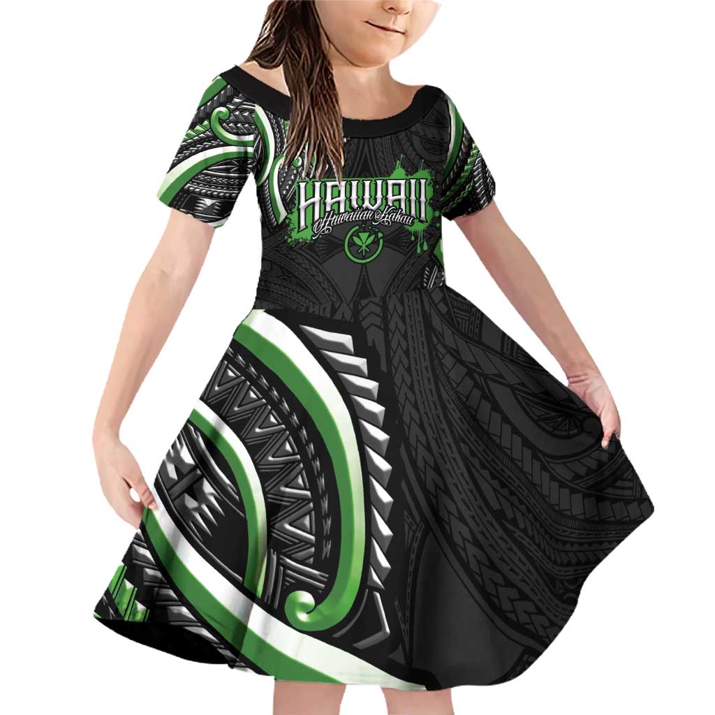 Traditional Art Hawaiian Kakau Tattoos Family Matching Off Shoulder Short Dress and Hawaiian Shirt Green Color LT03 Daughter's Dress Green - Polynesian Pride