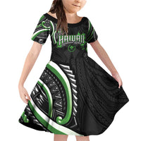 Traditional Art Hawaiian Kakau Tattoos Family Matching Off Shoulder Short Dress and Hawaiian Shirt Green Color LT03 Daughter's Dress Green - Polynesian Pride