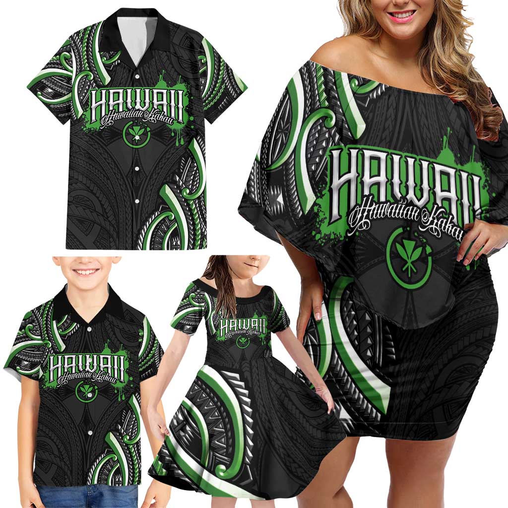 Traditional Art Hawaiian Kakau Tattoos Family Matching Off Shoulder Short Dress and Hawaiian Shirt Green Color LT03 - Polynesian Pride