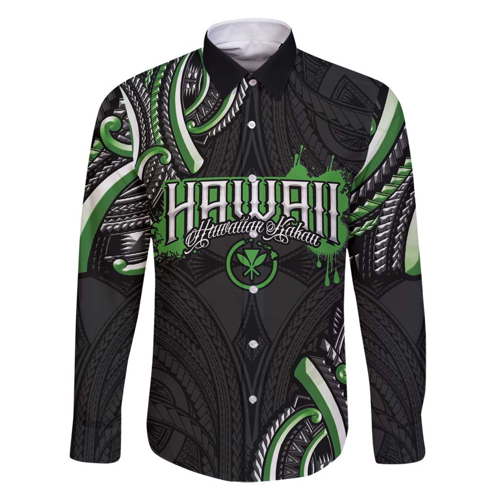 Traditional Art Hawaiian Kakau Tattoos Family Matching Puletasi and Hawaiian Shirt Green Color LT03 Dad's Shirt - Long Sleeve Green - Polynesian Pride