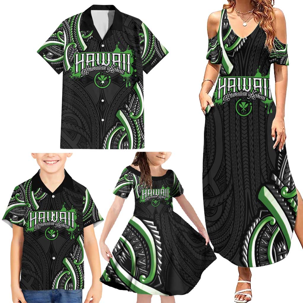 Traditional Art Hawaiian Kakau Tattoos Family Matching Summer Maxi Dress and Hawaiian Shirt Green Color LT03 - Polynesian Pride