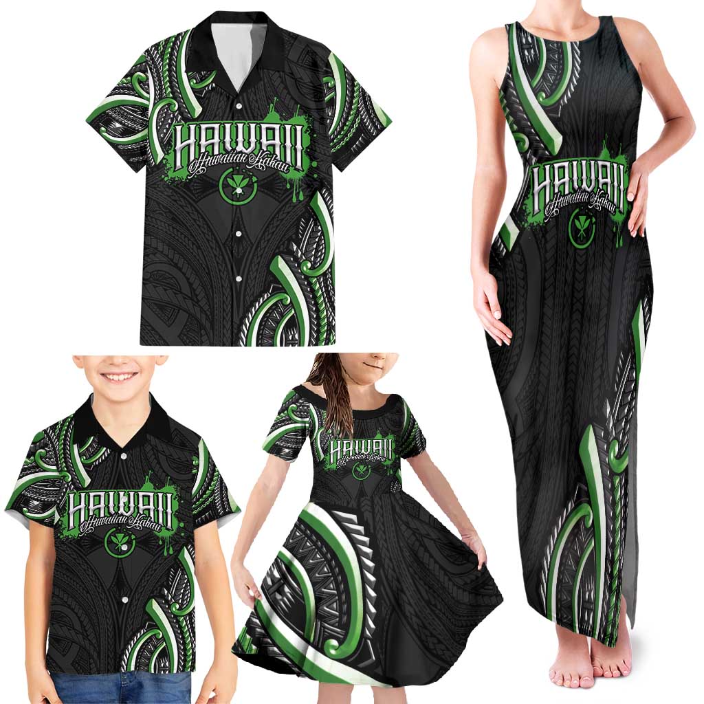 Traditional Art Hawaiian Kakau Tattoos Family Matching Tank Maxi Dress and Hawaiian Shirt Green Color LT03 - Polynesian Pride