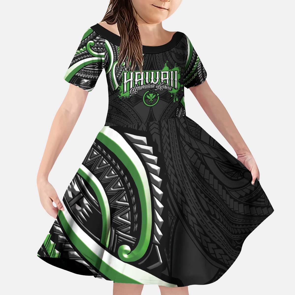 Traditional Art Hawaiian Kakau Tattoos Kid Short Sleeve Dress Green Color LT03 KID Green - Polynesian Pride