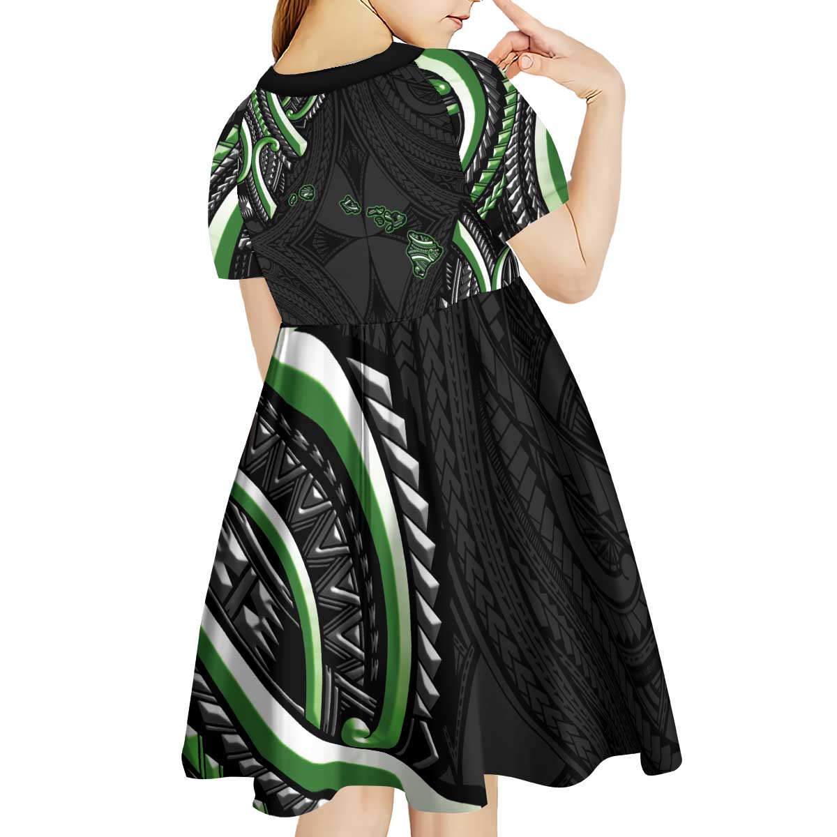 Traditional Art Hawaiian Kakau Tattoos Kid Short Sleeve Dress Green Color LT03 - Polynesian Pride