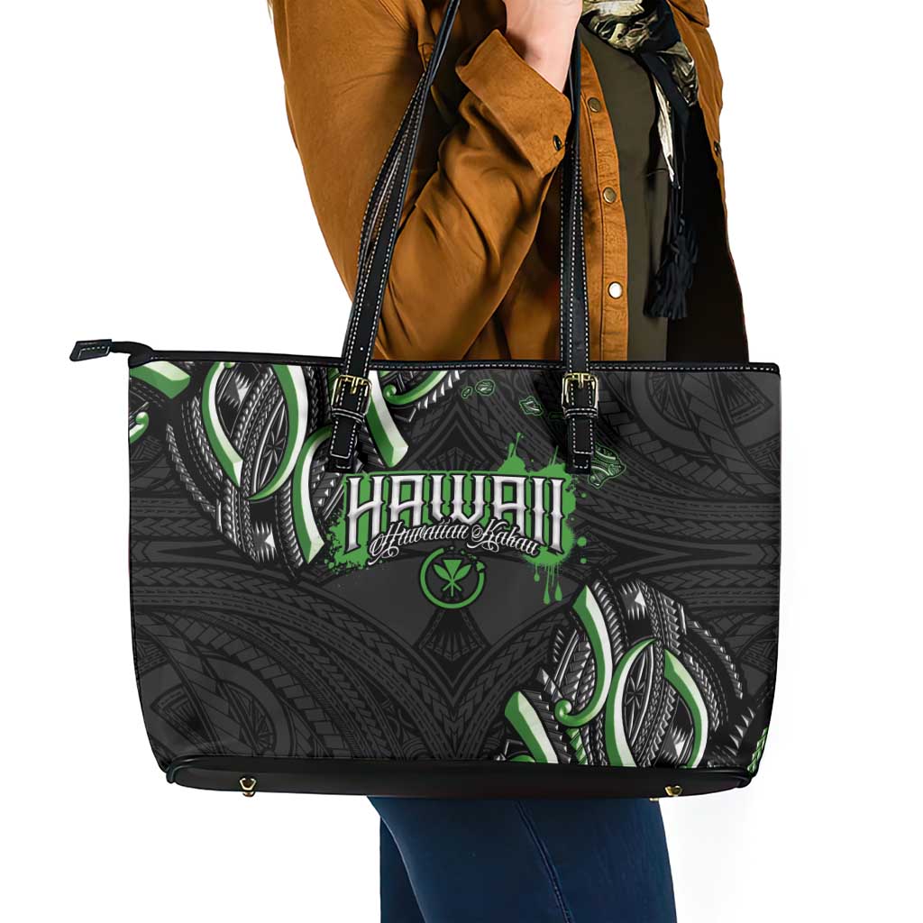 Traditional Art Hawaiian Kakau Tattoos Leather Tote Bag Green Color - Polynesian Pride