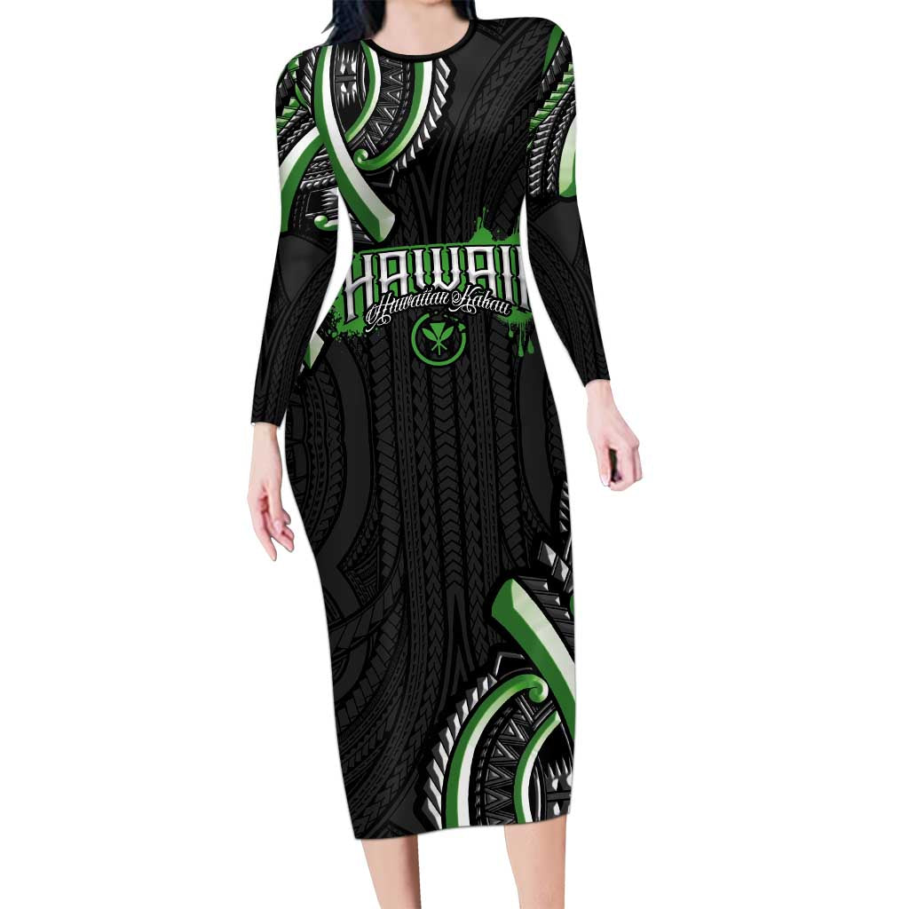 Traditional Art Hawaiian Kakau Tattoos Long Sleeve Bodycon Dress Green Color LT03 Long Dress Green - Polynesian Pride