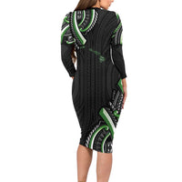 Traditional Art Hawaiian Kakau Tattoos Long Sleeve Bodycon Dress Green Color LT03 - Polynesian Pride