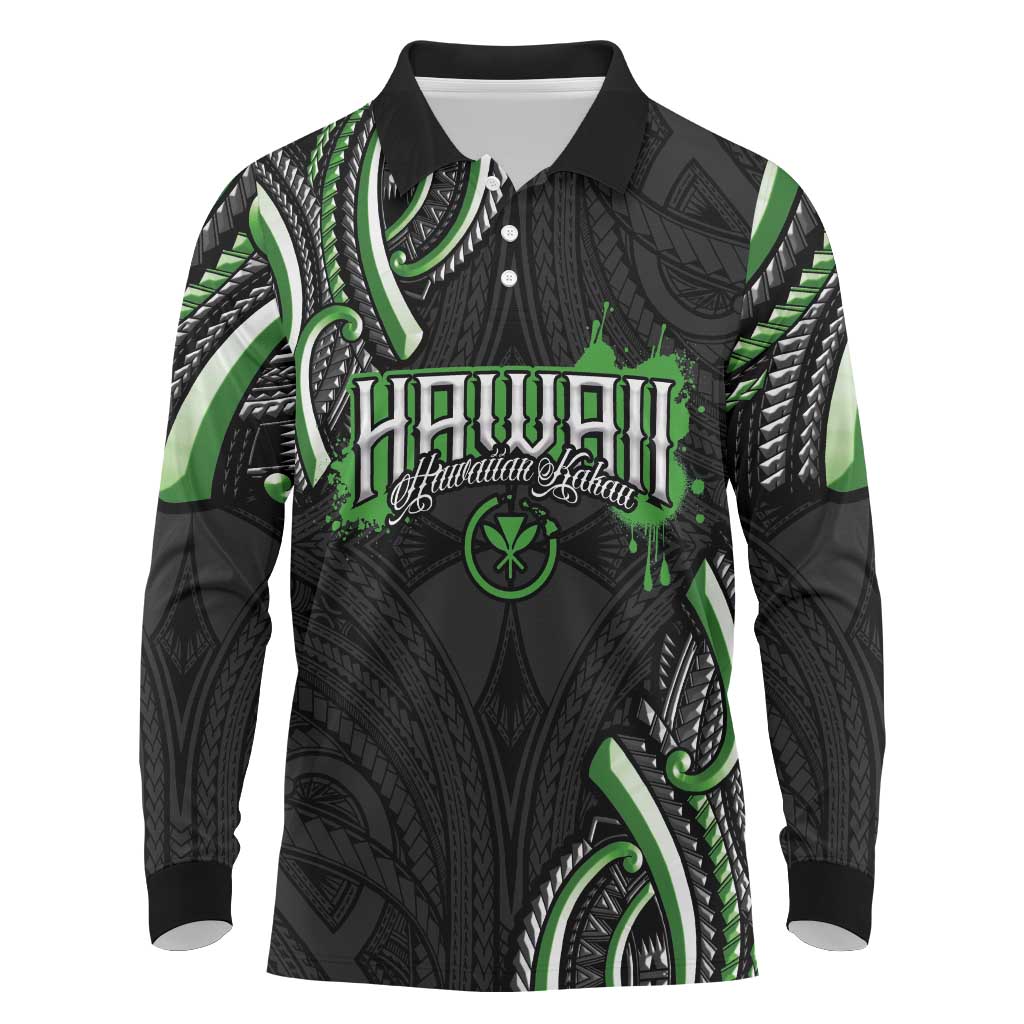 Traditional Art Hawaiian Kakau Tattoos Long Sleeve Polo Shirt Green Color LT03 Green - Polynesian Pride
