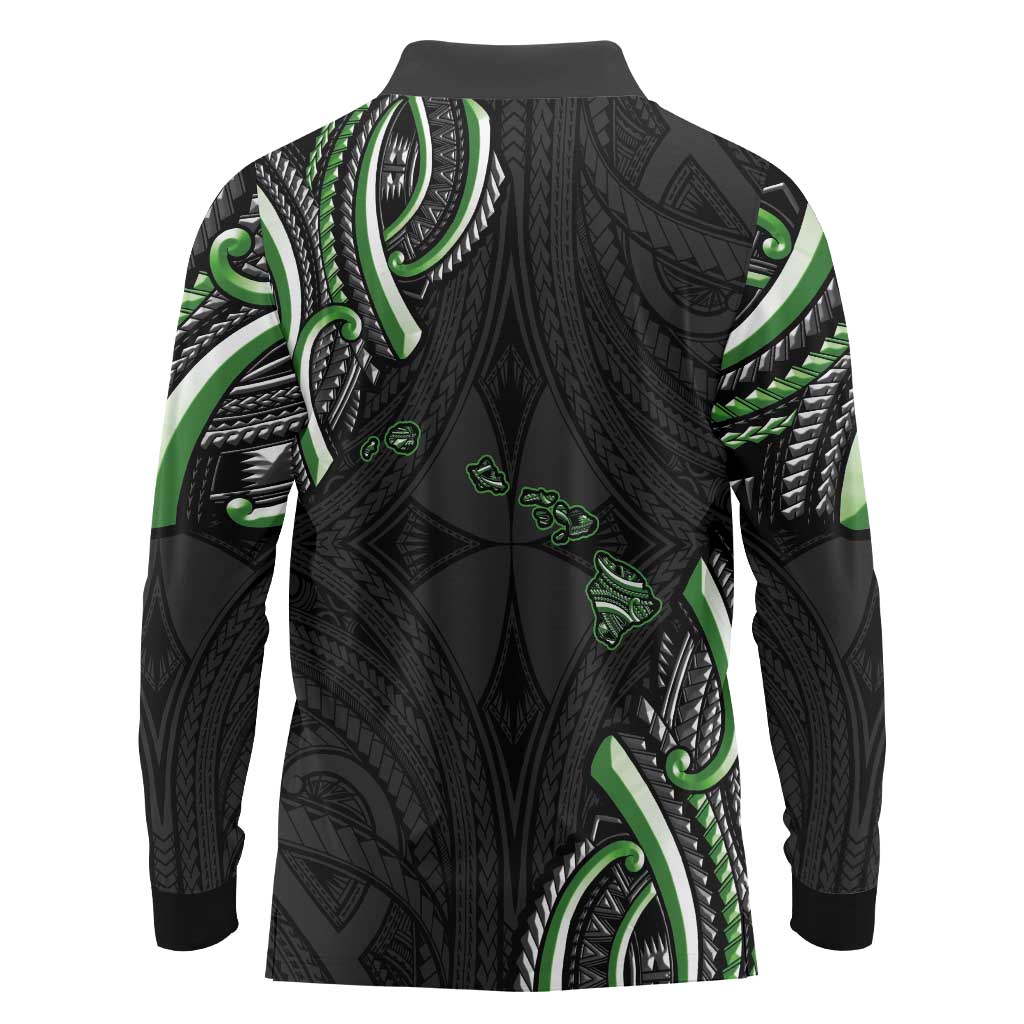 Traditional Art Hawaiian Kakau Tattoos Long Sleeve Polo Shirt Green Color LT03 - Polynesian Pride