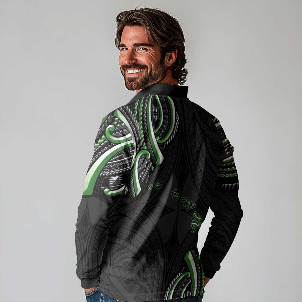 Traditional Art Hawaiian Kakau Tattoos Long Sleeve Polo Shirt Green Color LT03 - Polynesian Pride