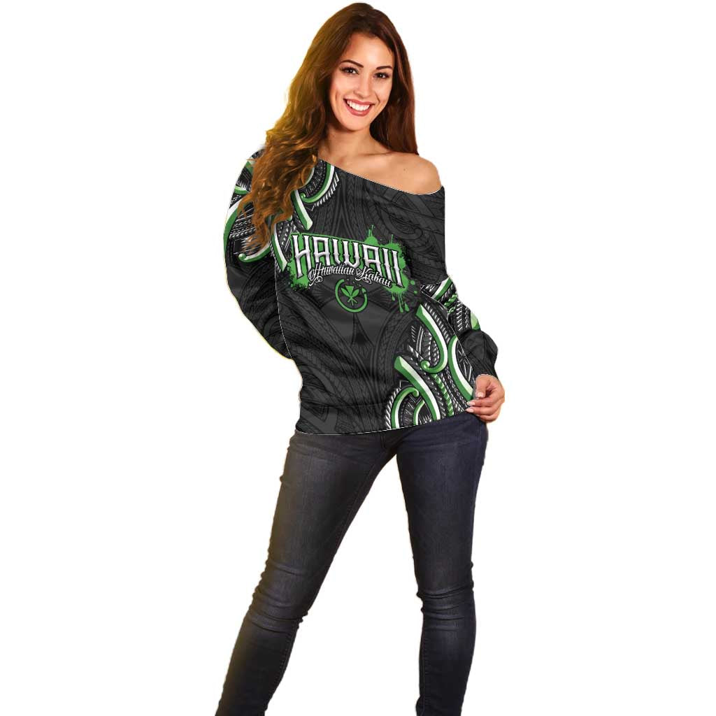 Traditional Art Hawaiian Kakau Tattoos Off Shoulder Sweater Green Color - Polynesian Pride