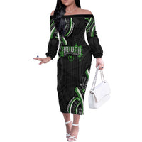 Traditional Art Hawaiian Kakau Tattoos Off The Shoulder Long Sleeve Dress Green Color LT03 Women Green - Polynesian Pride