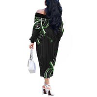 Traditional Art Hawaiian Kakau Tattoos Off The Shoulder Long Sleeve Dress Green Color LT03 - Polynesian Pride