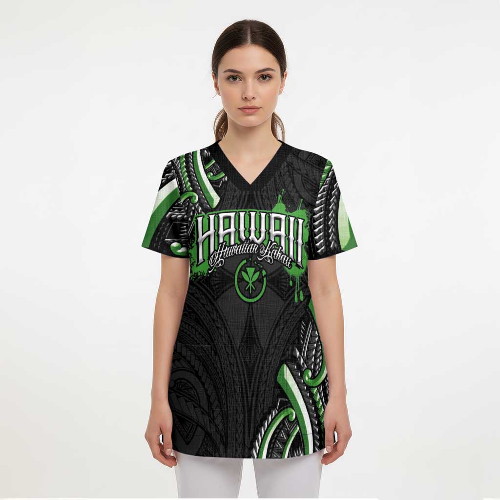 Traditional Art Hawaiian Kakau Tattoos Scrub Top Green Color - Polynesian Pride