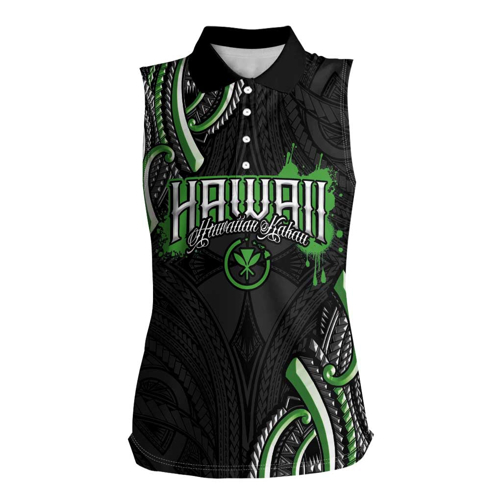 Traditional Art Hawaiian Kakau Tattoos Women Sleeveless Polo Shirt Green Color LT03 Female Green - Polynesian Pride