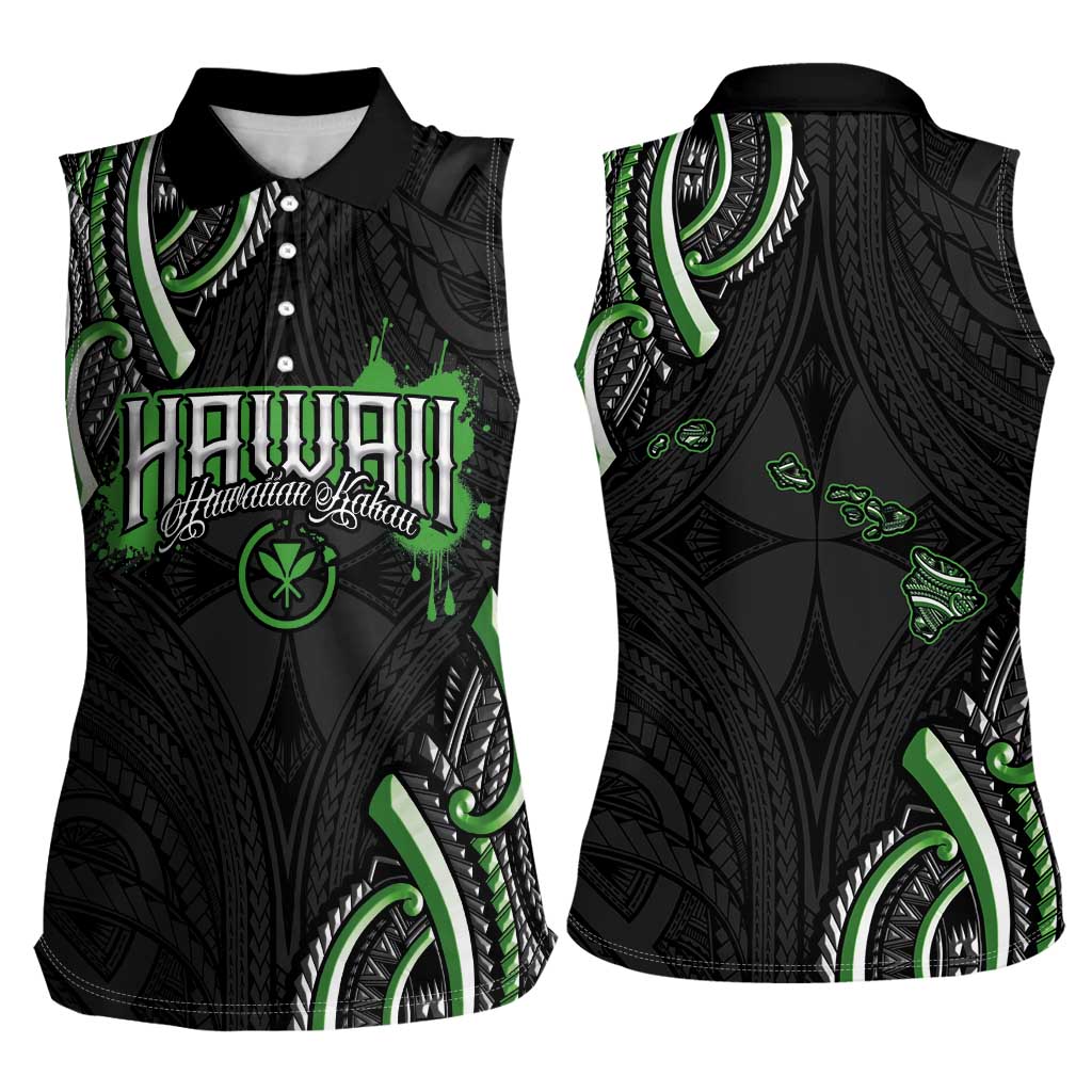 Traditional Art Hawaiian Kakau Tattoos Women Sleeveless Polo Shirt Green Color LT03 - Polynesian Pride