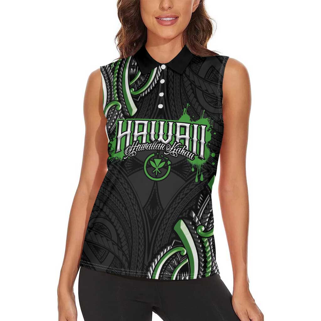 Traditional Art Hawaiian Kakau Tattoos Women Sleeveless Polo Shirt Green Color LT03 - Polynesian Pride