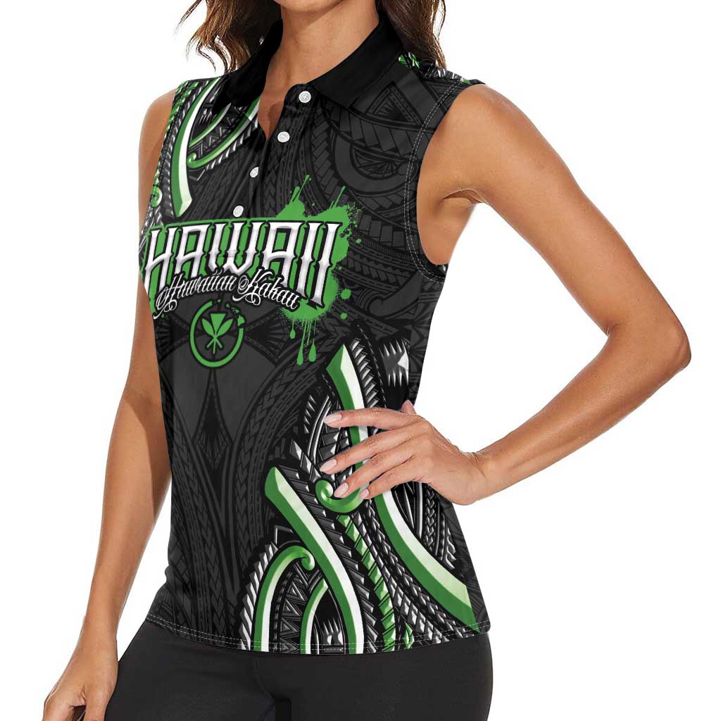 Traditional Art Hawaiian Kakau Tattoos Women Sleeveless Polo Shirt Green Color LT03 - Polynesian Pride