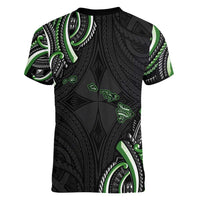 Traditional Art Hawaiian Kakau Tattoos Women V-Neck T-Shirt Green Color LT03 - Polynesian Pride