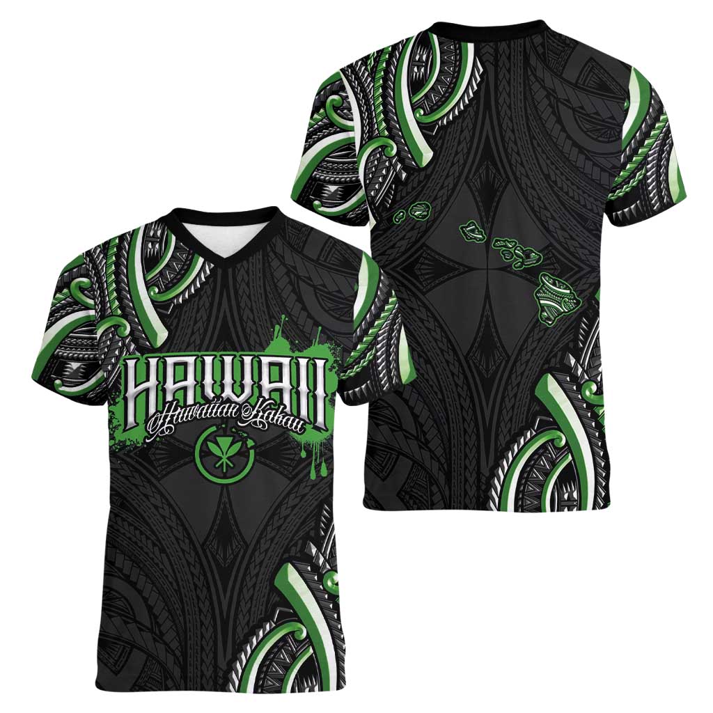 Traditional Art Hawaiian Kakau Tattoos Women V-Neck T-Shirt Green Color LT03 - Polynesian Pride