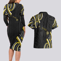 Traditional Art Hawaiian Kakau Tattoos Couples Matching Long Sleeve Bodycon Dress and Hawaiian Shirt Yellow Color - Polynesian Pride