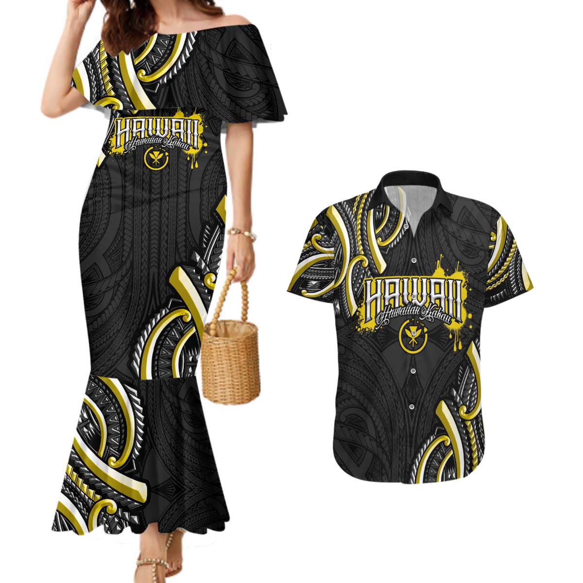 Traditional Art Hawaiian Kakau Tattoos Couples Matching Mermaid Dress and Hawaiian Shirt Yellow Color - Polynesian Pride