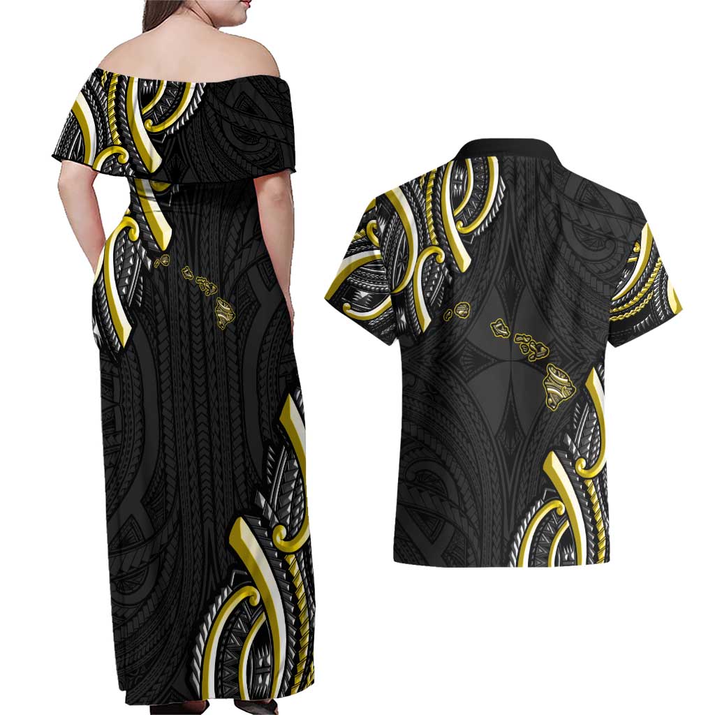 Traditional Art Hawaiian Kakau Tattoos Couples Matching Off Shoulder Maxi Dress and Hawaiian Shirt Yellow Color - Polynesian Pride