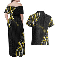 Traditional Art Hawaiian Kakau Tattoos Couples Matching Off Shoulder Maxi Dress and Hawaiian Shirt Yellow Color - Polynesian Pride
