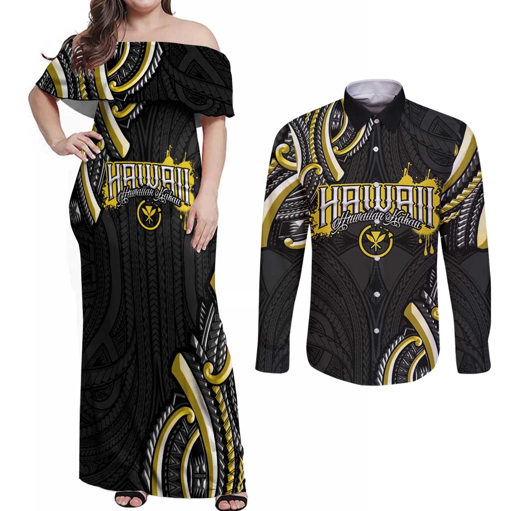 Traditional Art Hawaiian Kakau Tattoos Couples Matching Off Shoulder Maxi Dress and Long Sleeve Button Shirt Yellow Color - Polynesian Pride