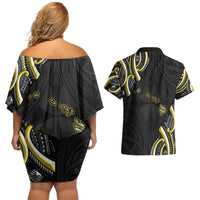 Traditional Art Hawaiian Kakau Tattoos Couples Matching Off Shoulder Short Dress and Hawaiian Shirt Yellow Color - Polynesian Pride