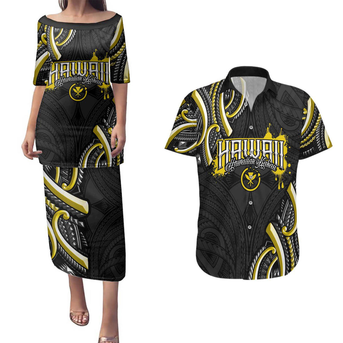 Traditional Art Hawaiian Kakau Tattoos Couples Matching Puletasi and Hawaiian Shirt Yellow Color LT03 Yellow - Polynesian Pride