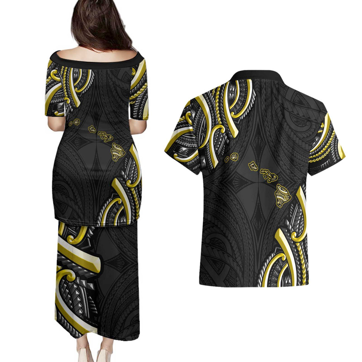 Traditional Art Hawaiian Kakau Tattoos Couples Matching Puletasi and Hawaiian Shirt Yellow Color LT03 - Polynesian Pride