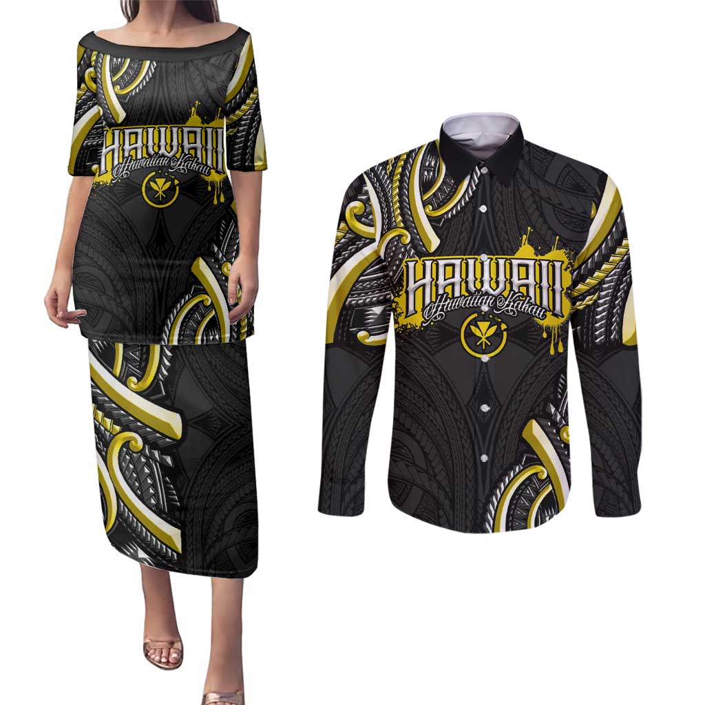Traditional Art Hawaiian Kakau Tattoos Couples Matching Puletasi and Long Sleeve Button Shirt Yellow Color LT03 Yellow - Polynesian Pride