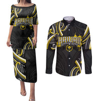 Traditional Art Hawaiian Kakau Tattoos Couples Matching Puletasi and Long Sleeve Button Shirt Yellow Color LT03 Yellow - Polynesian Pride