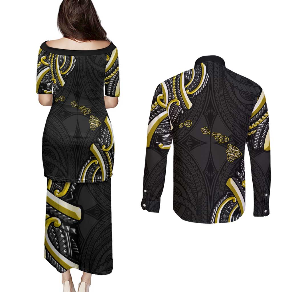 Traditional Art Hawaiian Kakau Tattoos Couples Matching Puletasi and Long Sleeve Button Shirt Yellow Color LT03 - Polynesian Pride