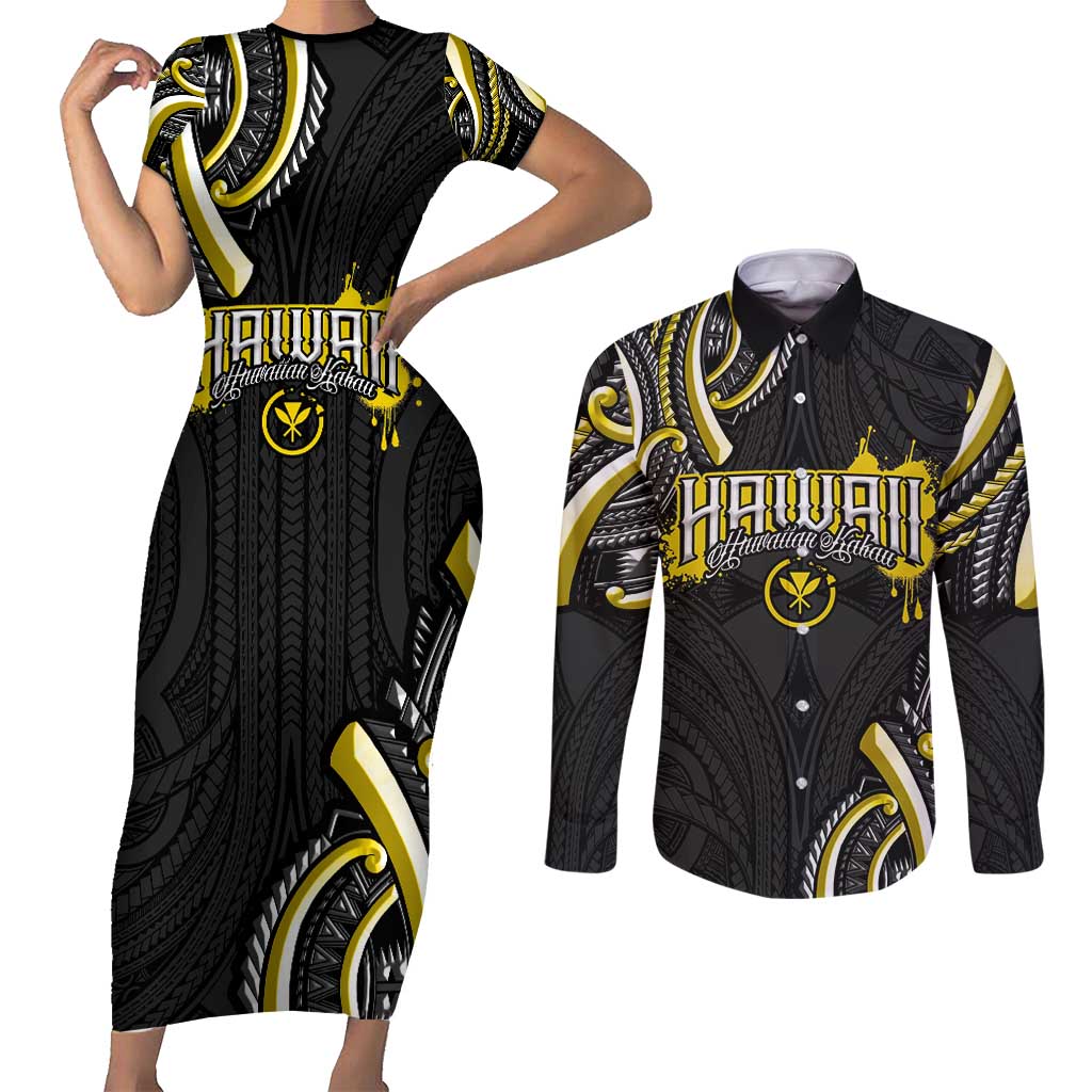 Traditional Art Hawaiian Kakau Tattoos Couples Matching Short Sleeve Bodycon Dress and Long Sleeve Button Shirt Yellow Color - Polynesian Pride