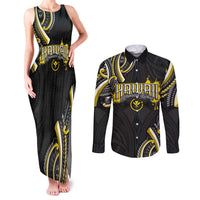Traditional Art Hawaiian Kakau Tattoos Couples Matching Tank Maxi Dress and Long Sleeve Button Shirt Yellow Color - Polynesian Pride