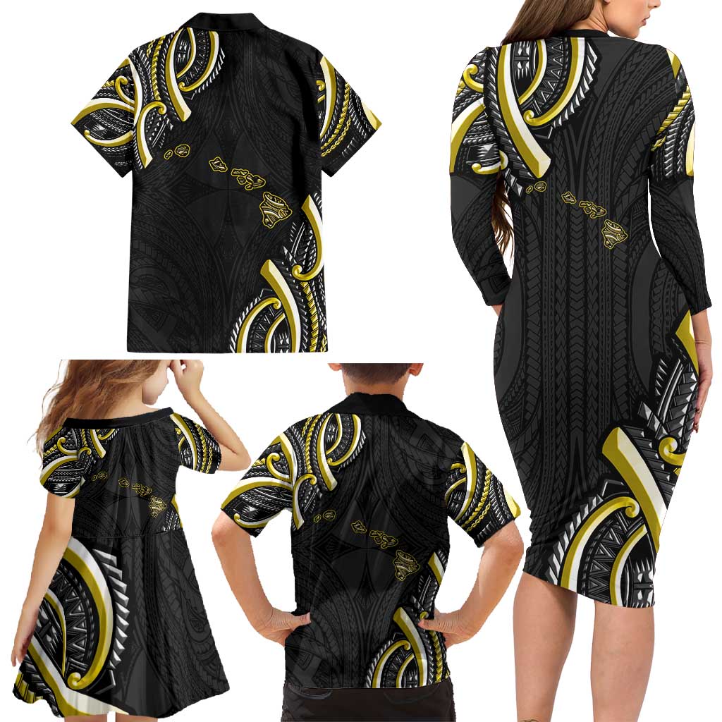 Traditional Art Hawaiian Kakau Tattoos Family Matching Long Sleeve Bodycon Dress and Hawaiian Shirt Yellow Color - Polynesian Pride
