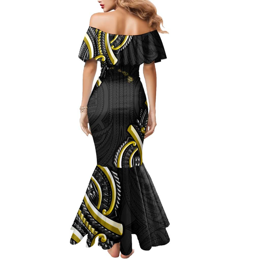 Traditional Art Hawaiian Kakau Tattoos Family Matching Mermaid Dress and Hawaiian Shirt Yellow Color LT03 - Polynesian Pride