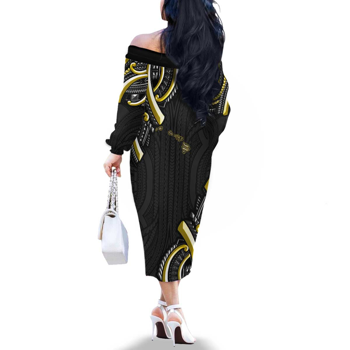 Traditional Art Hawaiian Kakau Tattoos Family Matching Off The Shoulder Long Sleeve Dress and Hawaiian Shirt Yellow Color - Polynesian Pride