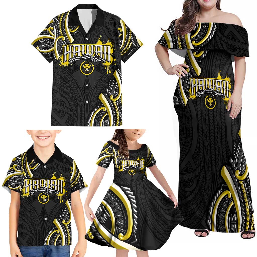 Traditional Art Hawaiian Kakau Tattoos Family Matching Off Shoulder Maxi Dress and Hawaiian Shirt Yellow Color LT03 - Polynesian Pride